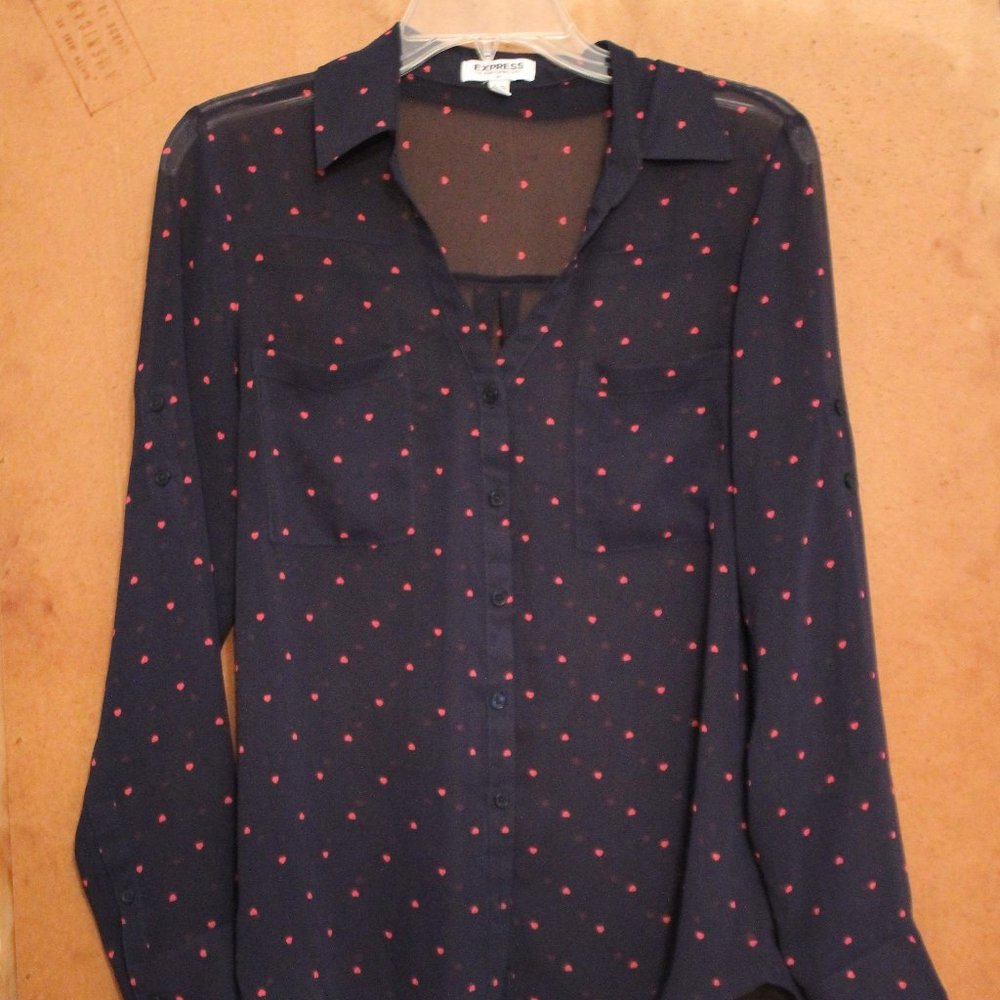 Sheer Navy Button Down With Pink Hearts
